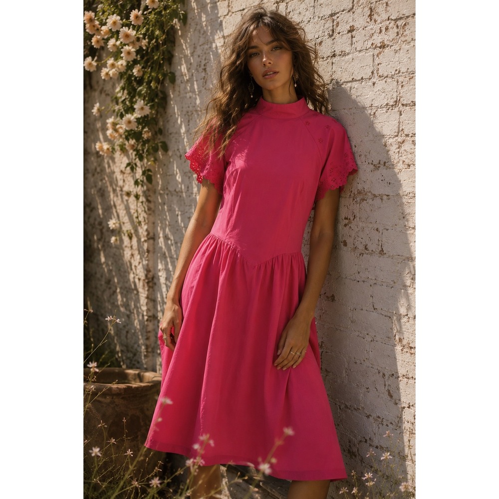 Vintage Impromptu Pink Cotton Midi Dress Eyelet Sleeve Open Back Size 14
